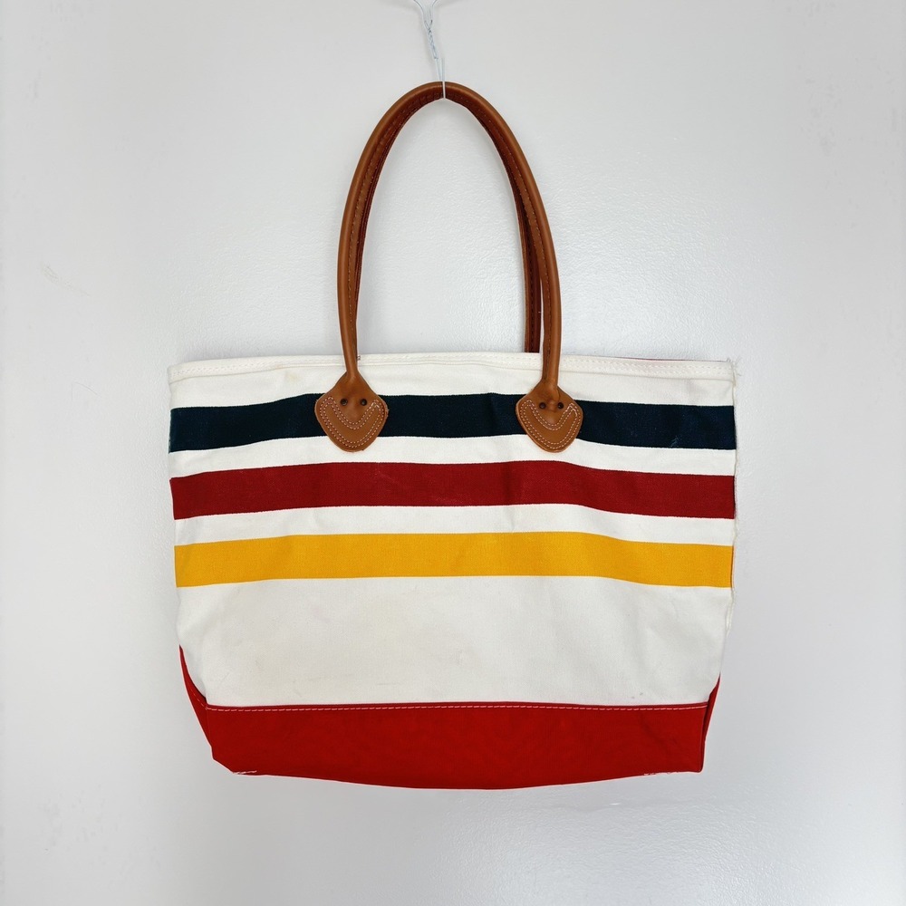 Vintage LL Bean Boat & Tote Hudson Bay Striped Canvas Bag Leather Handles USA